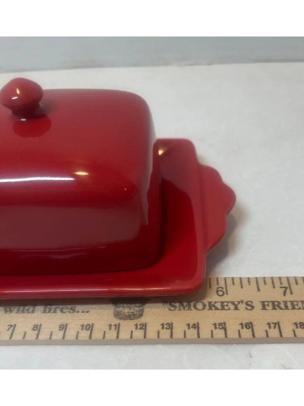 Red Ceramic Butter or Cheese Dish with Lid Scalloped Tray Dishwasher & Microwave